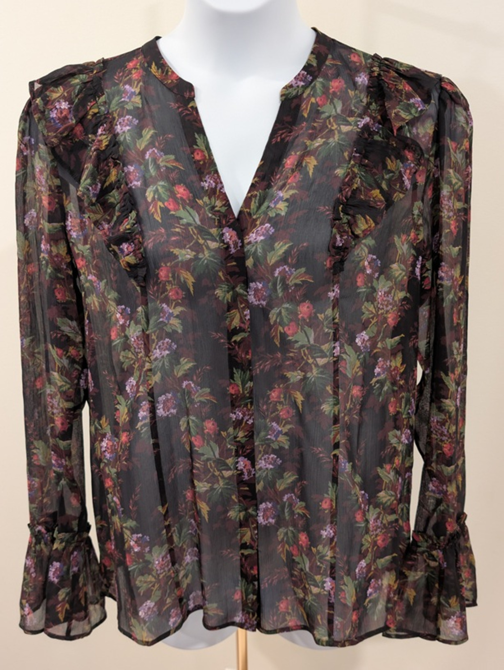 1192 - Paige 100% Silk Sheer Floral Ruffle Blouse Long Sleeve Boho Vintage - L
